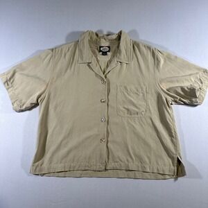Tommy Bahama Silk Camp Shirt Women's L Tag M Beige Cropped Boxy Fit Button Front